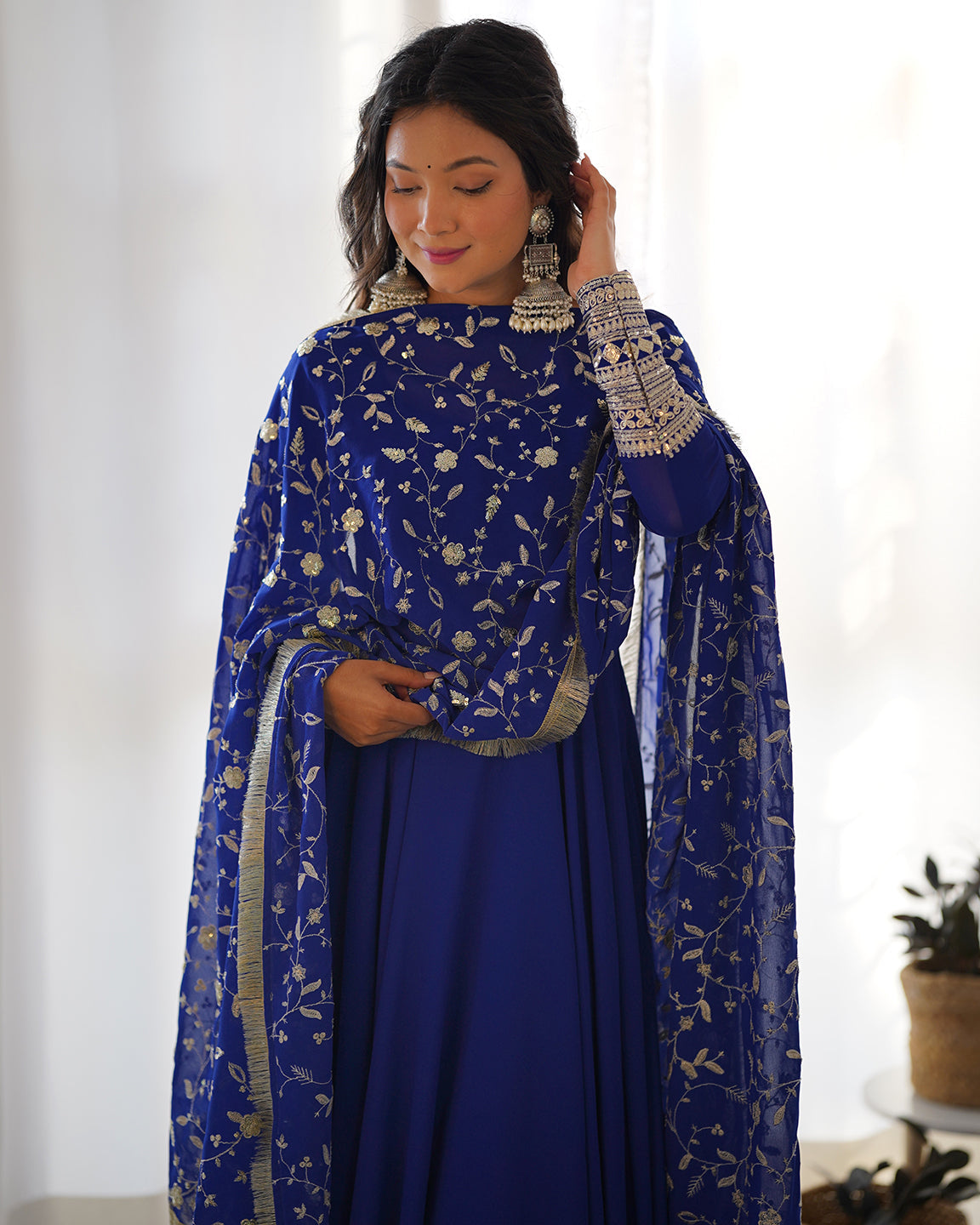 Lorenvalley Fashion Women Georgette Anarkali Gown Duppta Full Set With Pent Ready To Wear - Blue