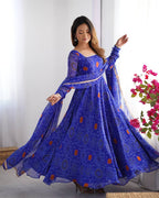 Evanik Royal Blue Pure Lightweight Chiffon Bandhej Design Anarkali Pant With Dupatta