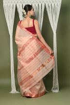 Very Much Indian Handloom Cotton Silk Maheshwari Saree With Sleek Golden Border - Beige