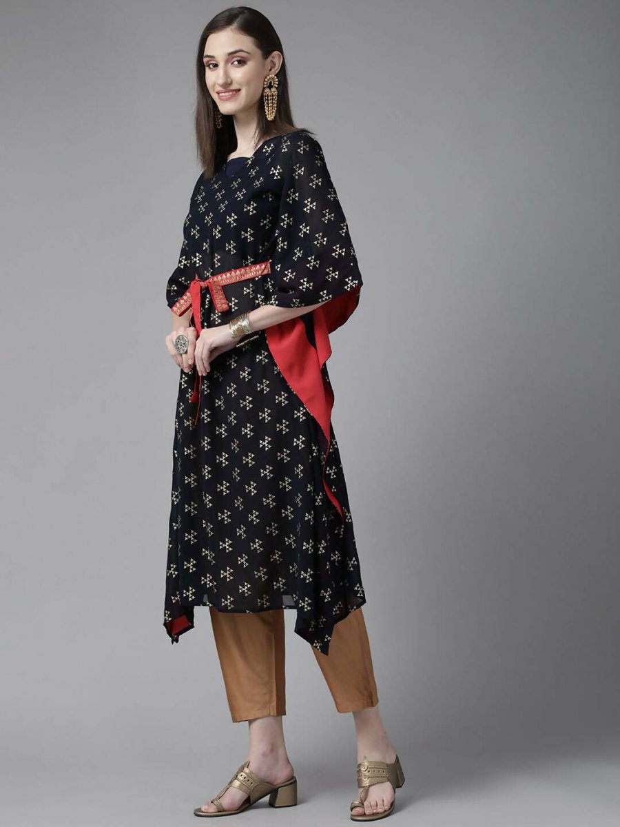 Ahalyaa Women Navy Blue Georgette Gold Printed Kaftan Kurta - Distacart