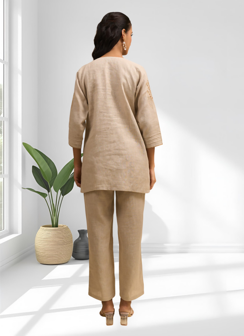 Joban Fashion Beige Linen Embroidered Readymade Cord Set - Distacart