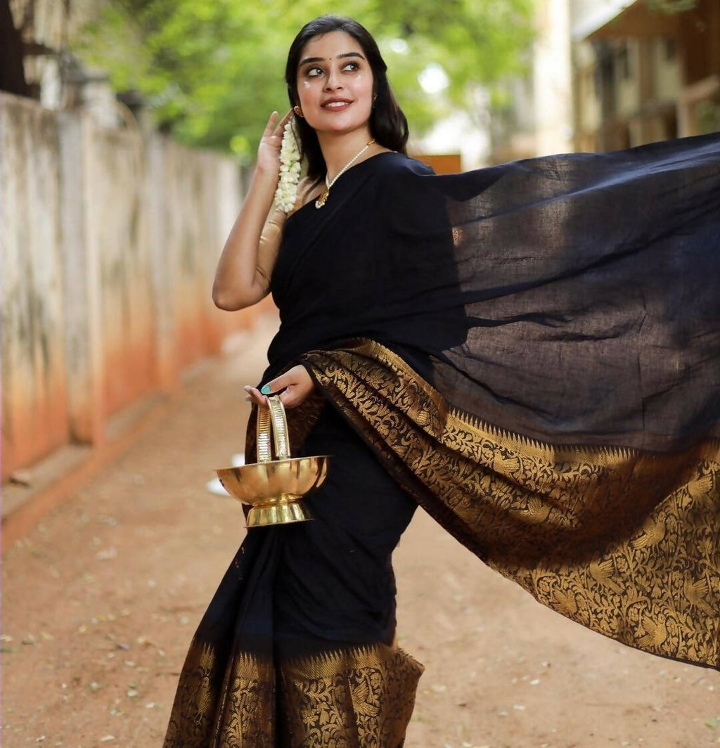 DEIANA'S Beautiful Designer Golden zari Soft Lichi Silk Saree - Black