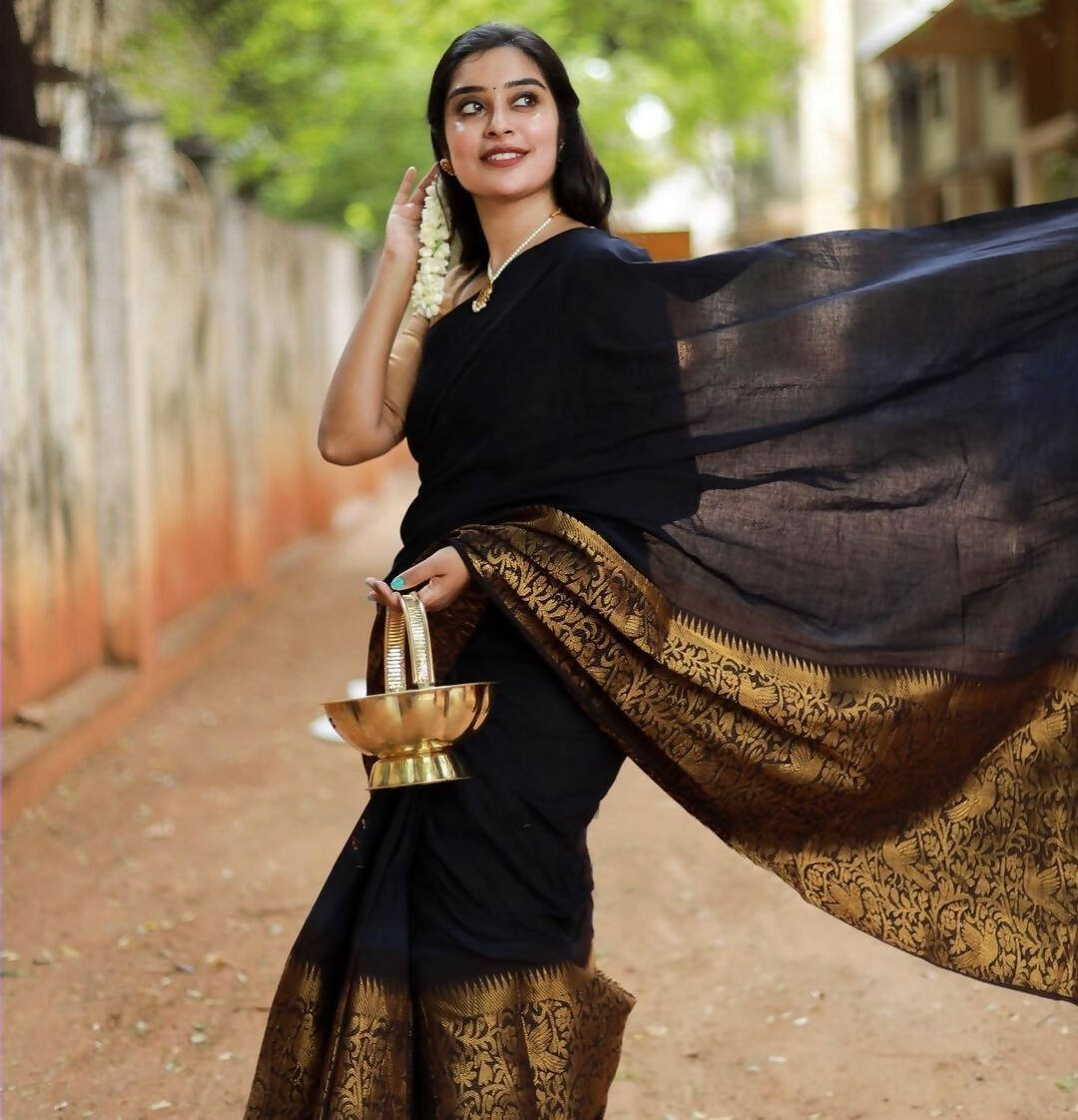 DEIANA'S Beautiful Designer Golden zari Soft Lichi Silk Saree - Black