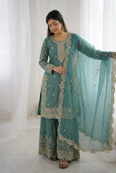 Teeya Creation Turquoise Color Fendy Silk Embroidery Work Wedding Wear Salwar Suit