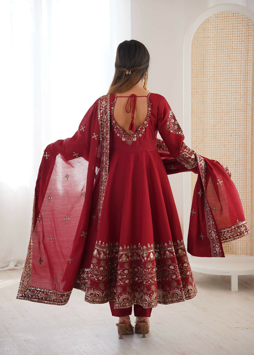 Teeya Creation Maroon Roman Silk Embroidery Work Party Wear Long Gown - Distacart