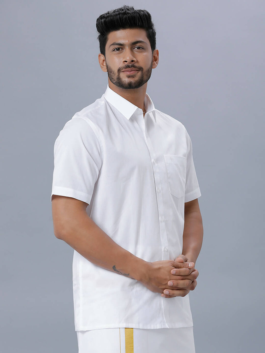 Ramraj Cotton Mens Half Sleeve Formal Poly Cotton White Shirt