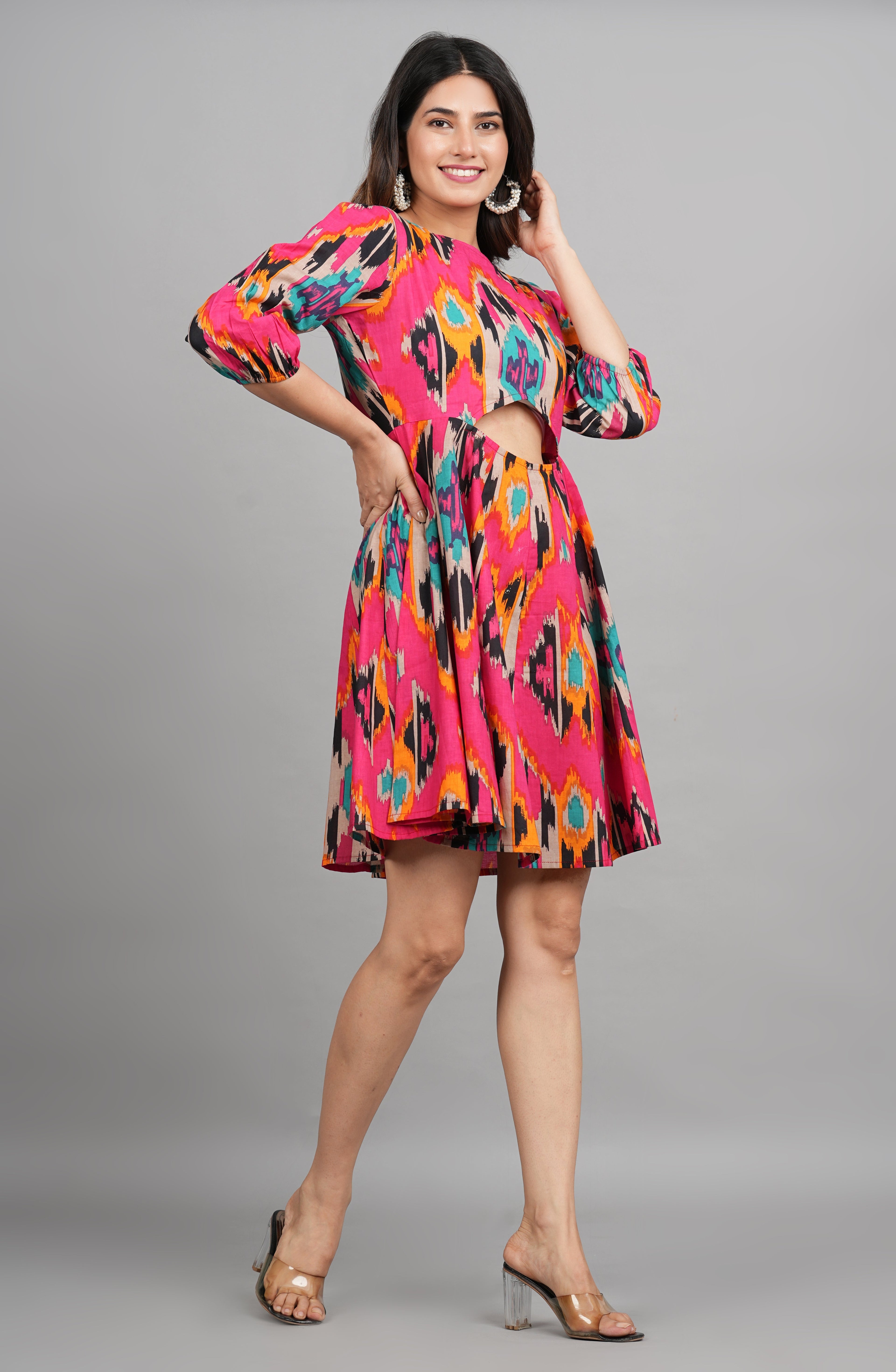 House of RP Women Cotton Pink Fit and Flare Short Dress - Distacart