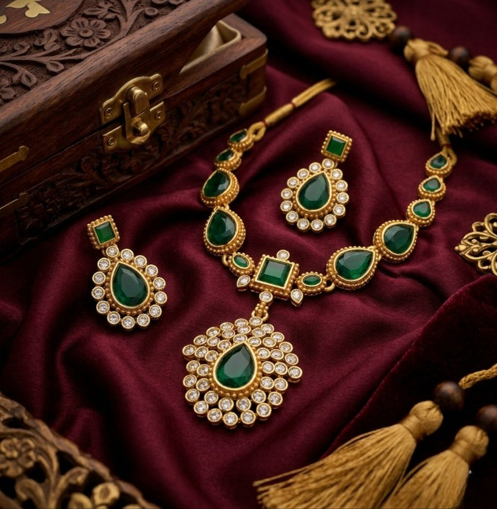 Jewel City Elegant Emerald Green & Gold-Plated Handcrafted Indian Bridal Jewelry Set - Necklace & Earrings - Distacart