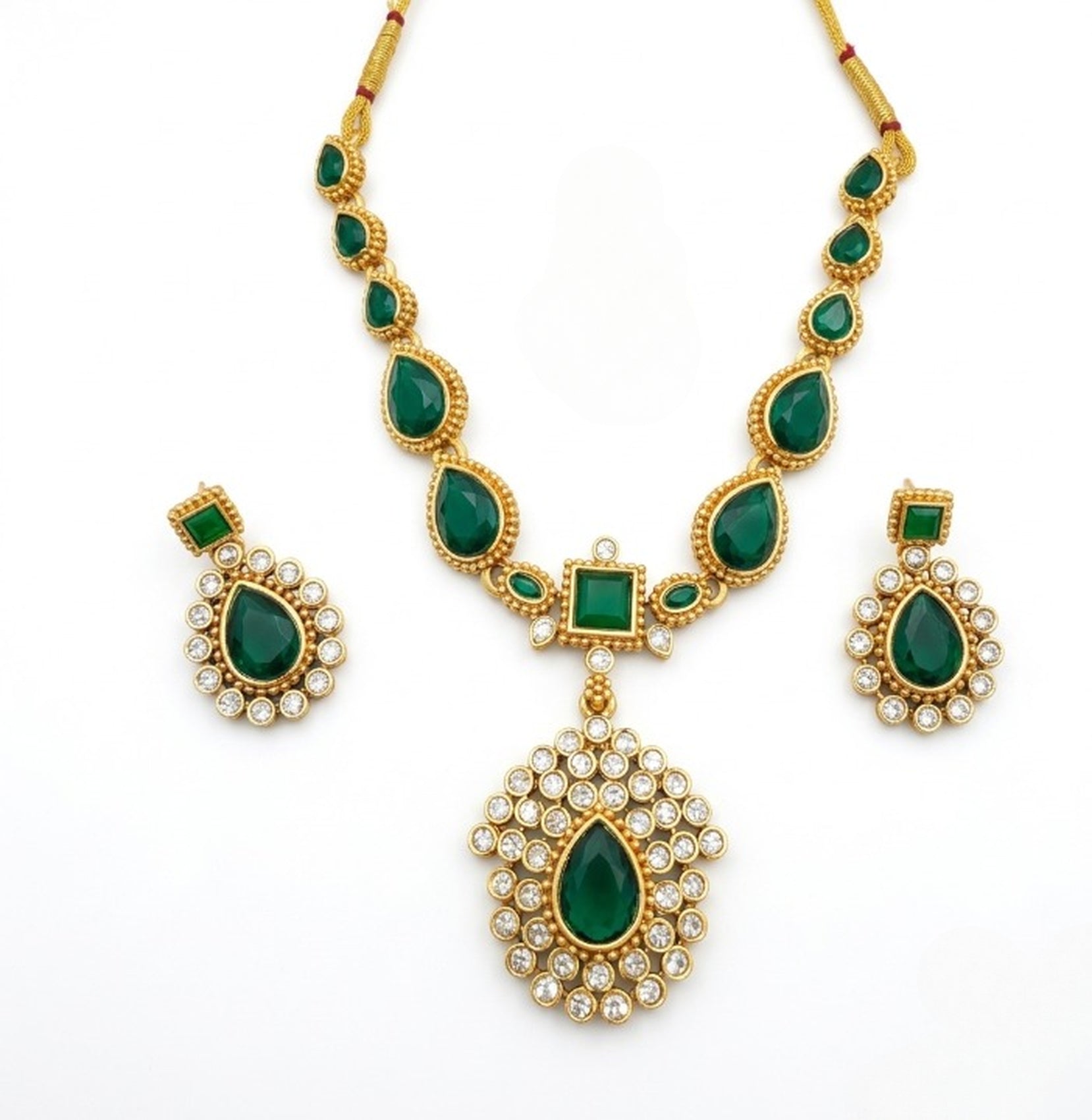 Jewel City Elegant Emerald Green & Gold-Plated Handcrafted Indian Bridal Jewelry Set - Necklace & Earrings - Distacart