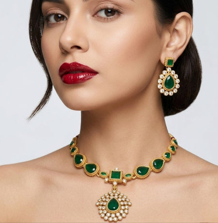 Jewel City Elegant Emerald Green & Gold-Plated Handcrafted Indian Bridal Jewelry Set - Necklace & Earrings
