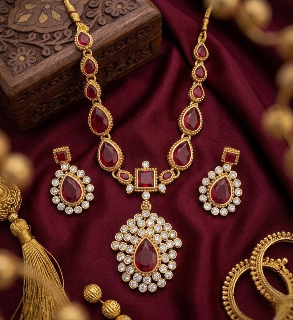 Jewel City Elegant Ruby & Gold-Plated Handcrafted Indian Bridal Jewelry Set - Necklace & Earrings - Distacart