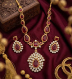 Jewel City Elegant Ruby & Gold-Plated Handcrafted Indian Bridal Jewelry Set - Necklace & Earrings - Distacart