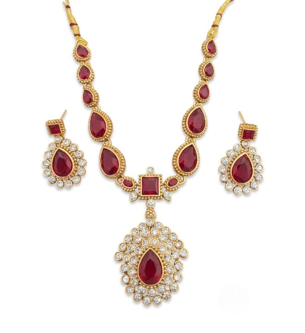 Jewel City Elegant Ruby & Gold-Plated Handcrafted Indian Bridal Jewelry Set - Necklace & Earrings - Distacart