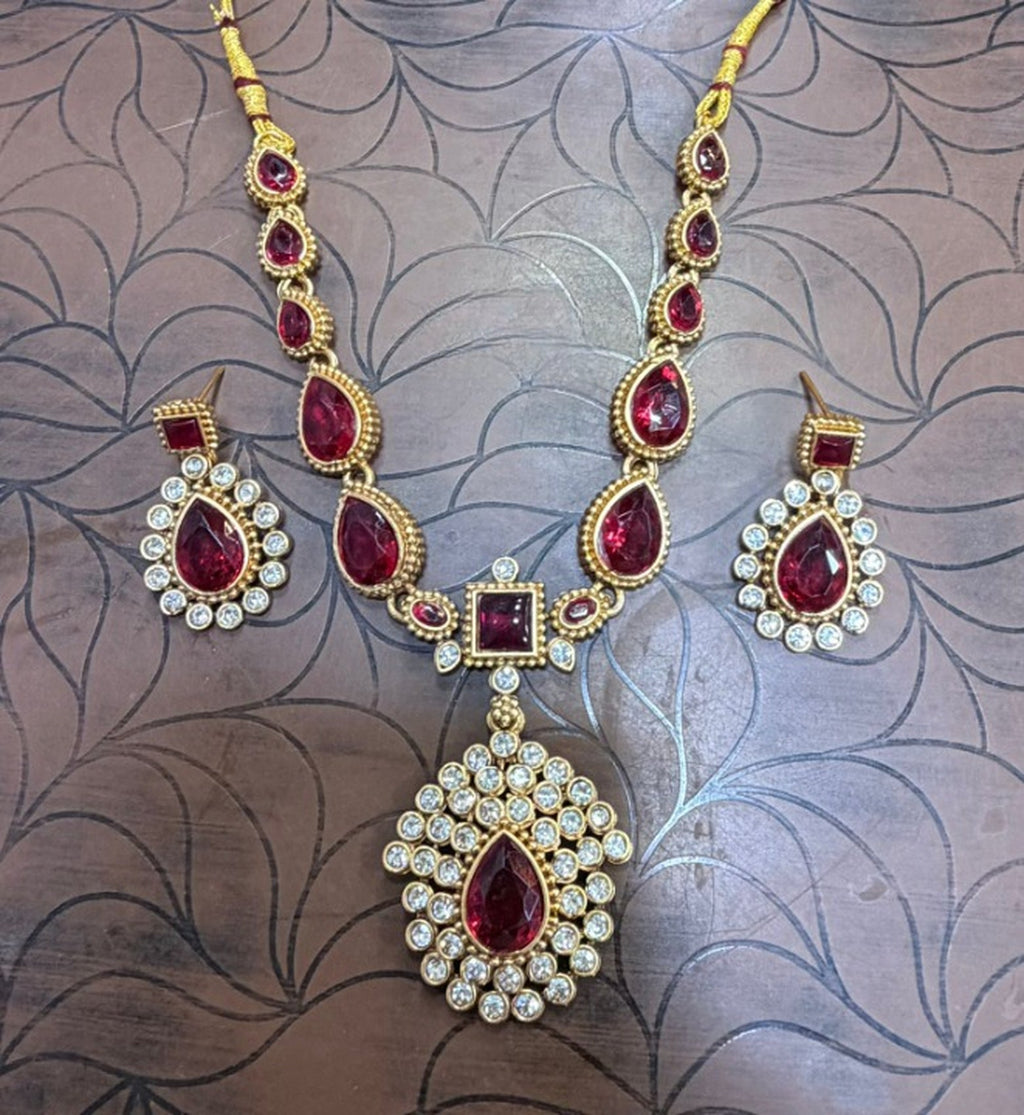 Jewel City Elegant Ruby & Gold-Plated Handcrafted Indian Bridal Jewelry Set - Necklace & Earrings - Distacart
