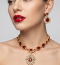 Jewel City Elegant Ruby & Gold-Plated Handcrafted Indian Bridal Jewelry Set - Necklace & Earrings - Distacart