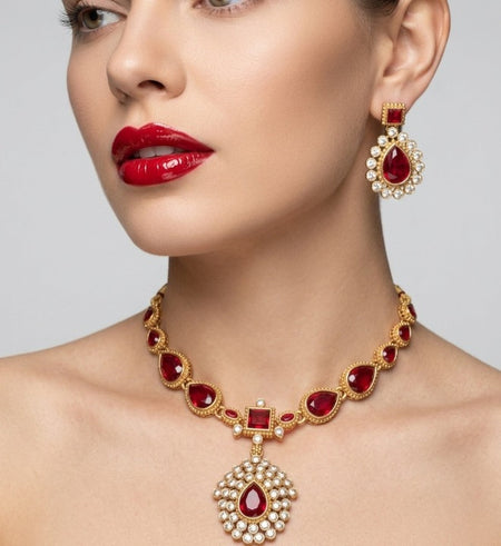 Jewel City Elegant Ruby & Gold-Plated Handcrafted Indian Bridal Jewelry Set - Necklace & Earrings