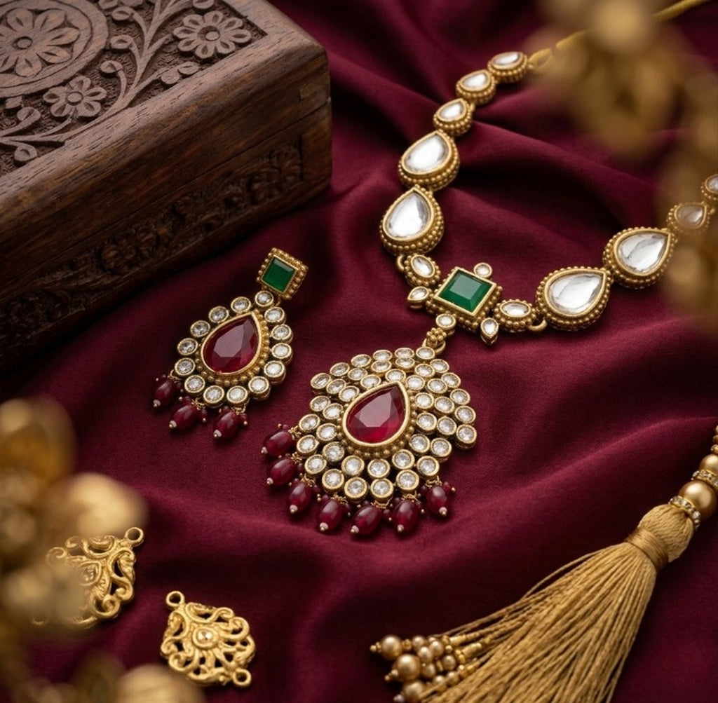 Jewel City Elegant Ruby- Green & Gold-Plated Handcrafted Indian Bridal Jewelry Set - Necklace & Earrings - Distacart