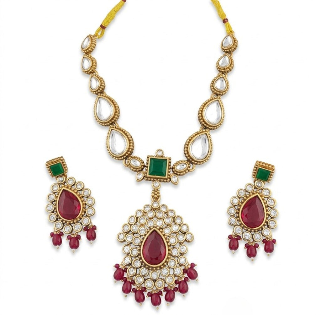 Jewel City Elegant Ruby- Green & Gold-Plated Handcrafted Indian Bridal Jewelry Set - Necklace & Earrings - Distacart