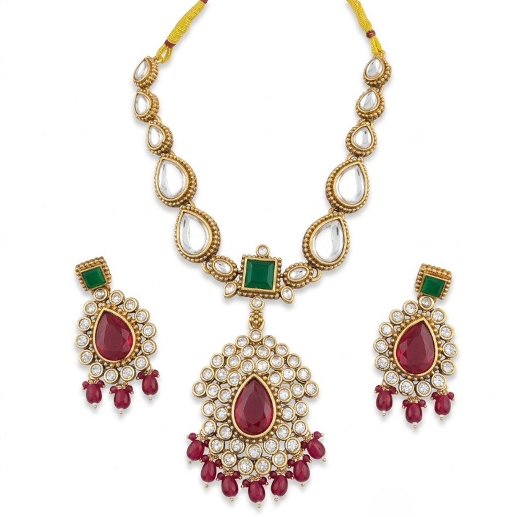 Jewel City Elegant Ruby- Green & Gold-Plated Handcrafted Indian Bridal Jewelry Set - Necklace & Earrings - Distacart