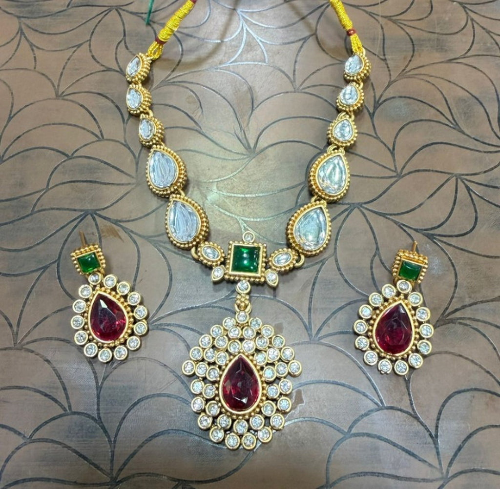 Jewel City Elegant Ruby- Green & Gold-Plated Handcrafted Indian Bridal Jewelry Set - Necklace & Earrings - Distacart