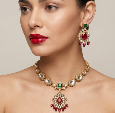 Jewel City Elegant Ruby- Green & Gold-Plated Handcrafted Indian Bridal Jewelry Set - Necklace & Earrings
