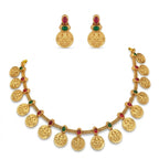 Jewel City Traditional Gold-Plated Temple Lakshmi Coin Necklace Set with Ruby & Emerald Accents - Distacart