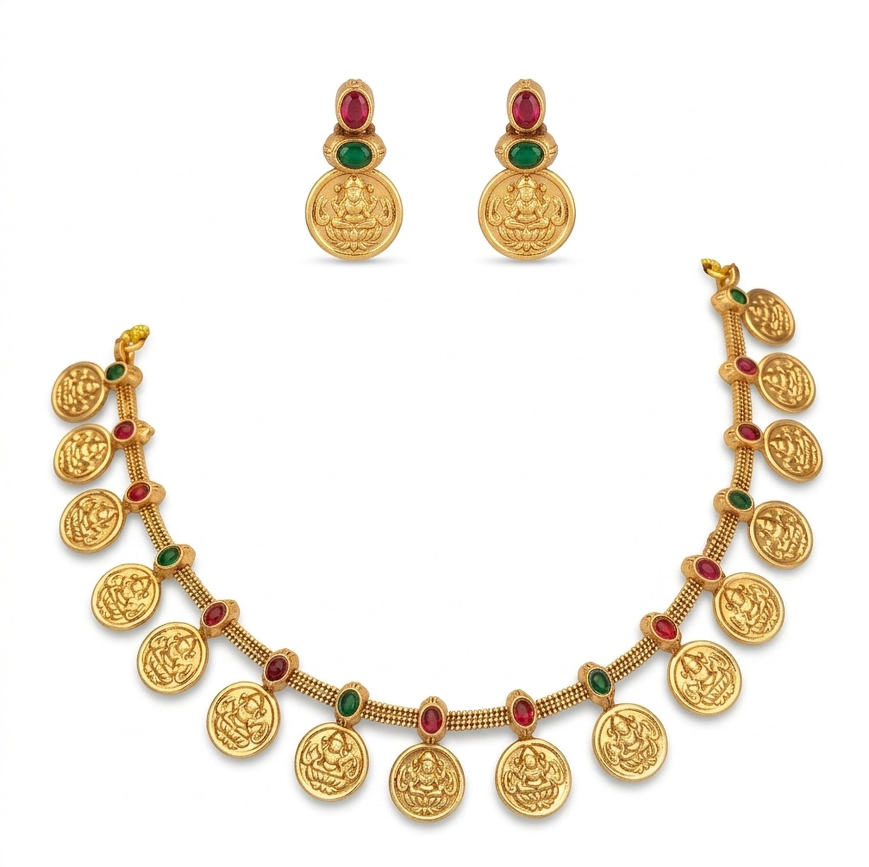 Jewel City Traditional Gold-Plated Temple Lakshmi Coin Necklace Set with Ruby & Emerald Accents - Distacart