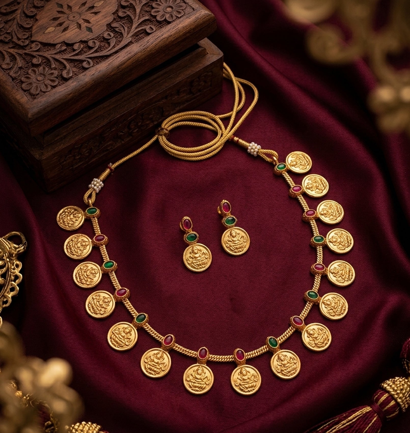 Jewel City Traditional Gold-Plated Temple Lakshmi Coin Necklace Set with Ruby & Emerald Accents - Distacart
