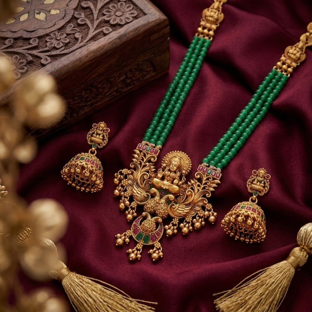 Jewel City Antique Gold-Plated Lakshmi Pendant Green Bead Necklace Set with Jhumka Earrings - Traditional Temple Jewelry - Distacart