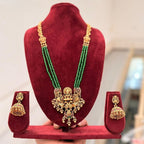 Jewel City Antique Gold-Plated Lakshmi Pendant Green Bead Necklace Set with Jhumka Earrings - Traditional Temple Jewelry - Distacart
