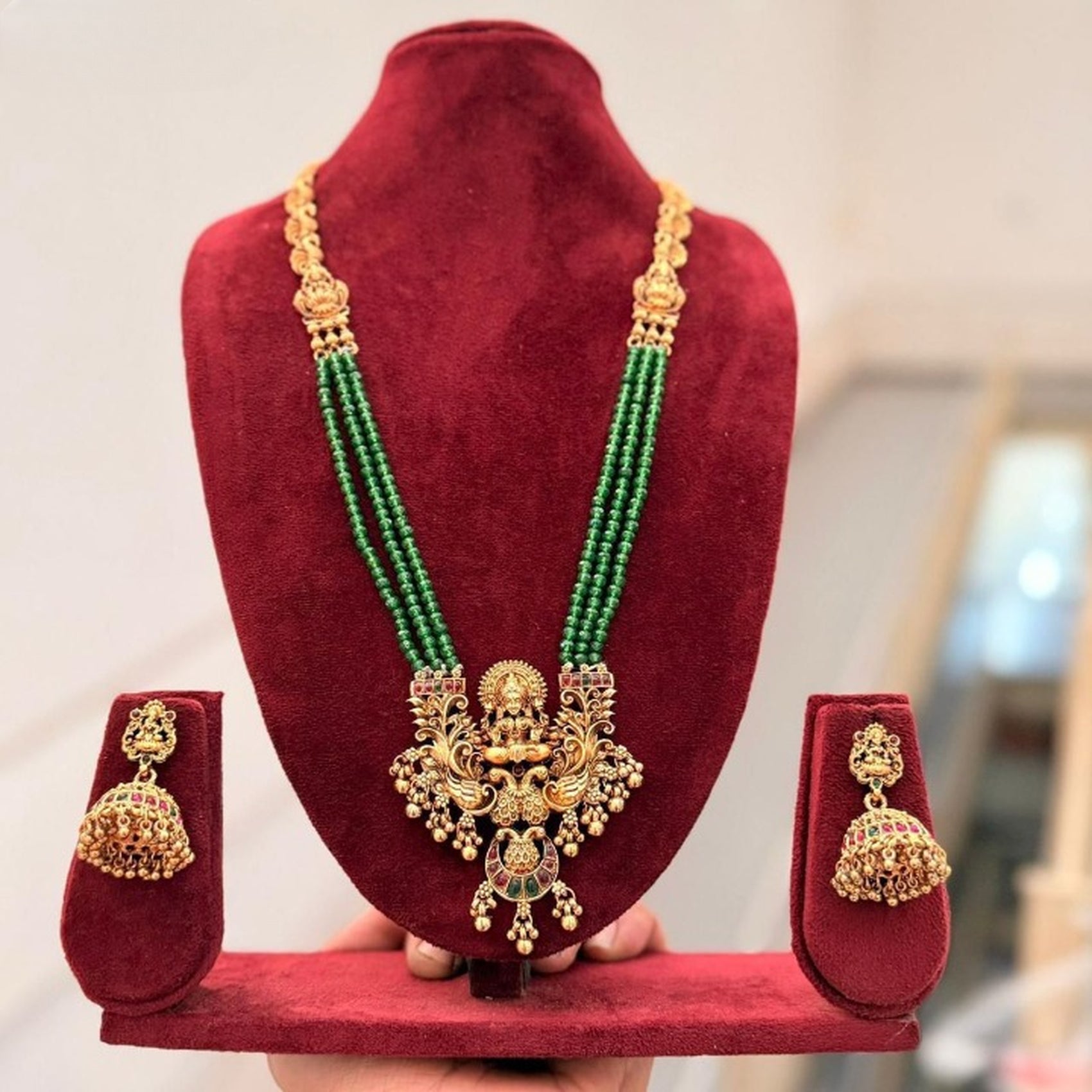 Jewel City Antique Gold-Plated Lakshmi Pendant Green Bead Necklace Set with Jhumka Earrings - Traditional Temple Jewelry - Distacart