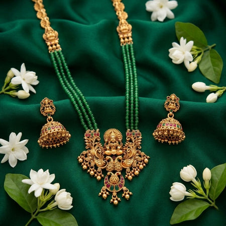 Jewel City Antique Gold-Plated Lakshmi Pendant Green Bead Necklace Set with Jhumka Earrings - Traditional Temple Jewelry