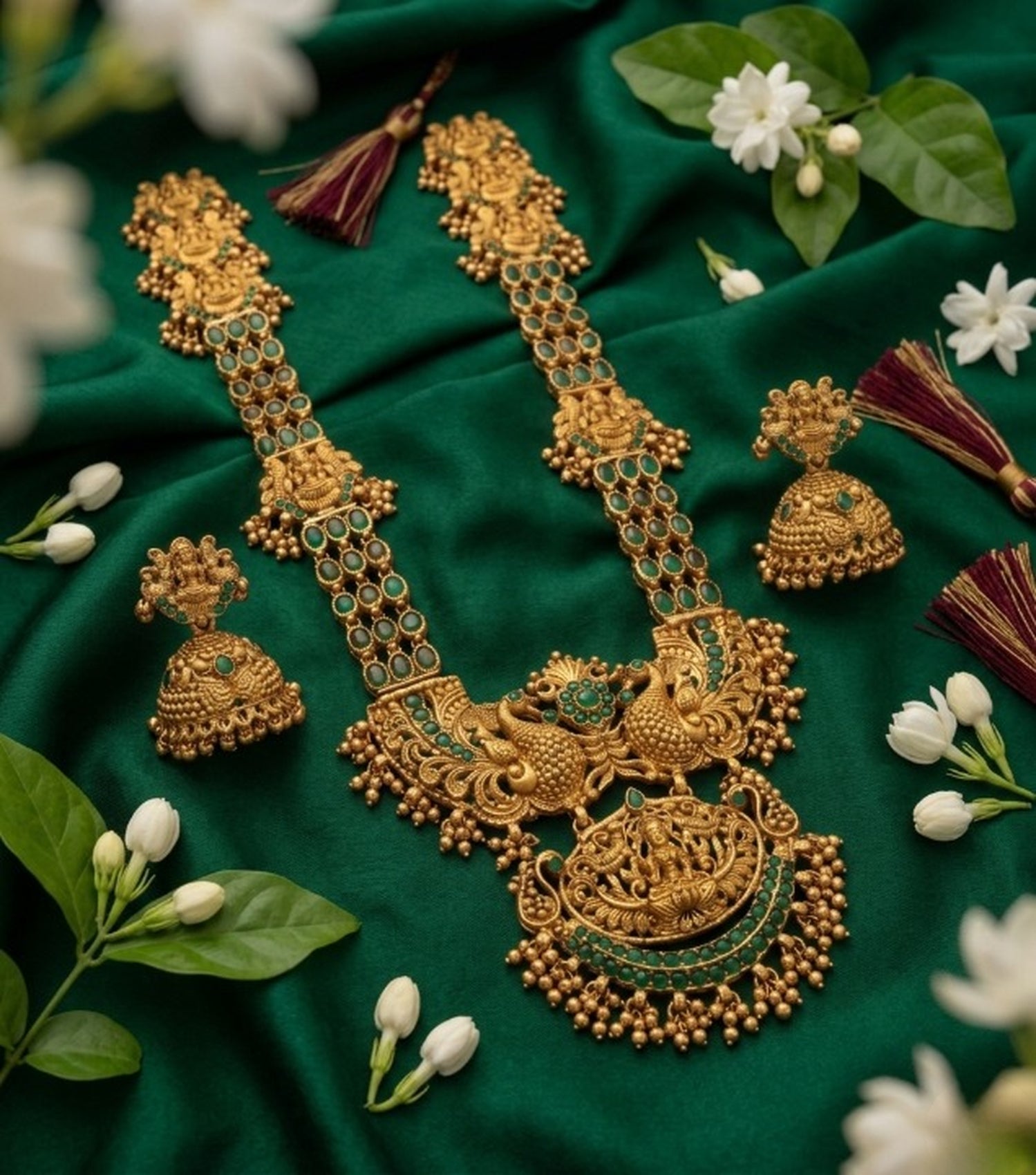 Jewel City Stunning Gold-Plated Temple Jewelry Set with Emeralds | Traditional Haram & Jhumkas | Bridal & Festival Wear - Distacart
