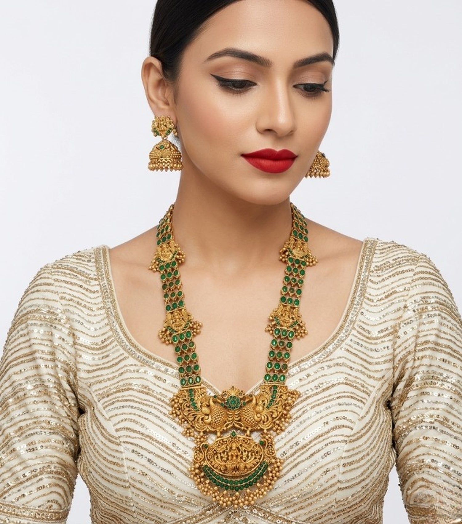 Jewel City Stunning Gold-Plated Temple Jewelry Set with Emeralds | Traditional Haram & Jhumkas | Bridal & Festival Wear - Distacart