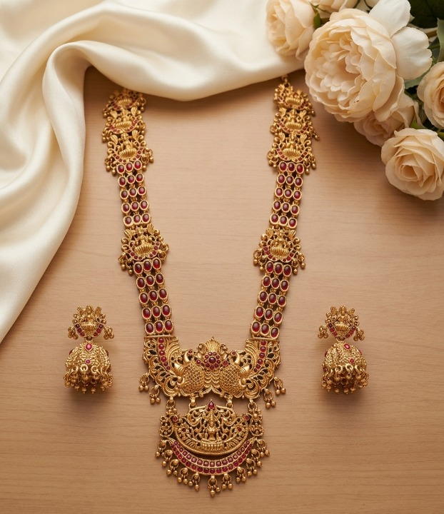 Jewel City Stunning Gold-Plated Temple Jewelry Set | Traditional Haram & Jhumkas | Bridal & Festival Wear - Distacart