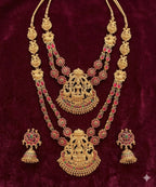Jewel City Traditional Matte Gold Lakshmi Temple Necklace Set with Ruby & Emerald Stones - Distacart