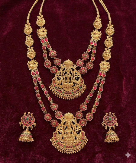 Jewel City Traditional Matte Gold Lakshmi Temple Necklace Set with Ruby & Emerald Stones