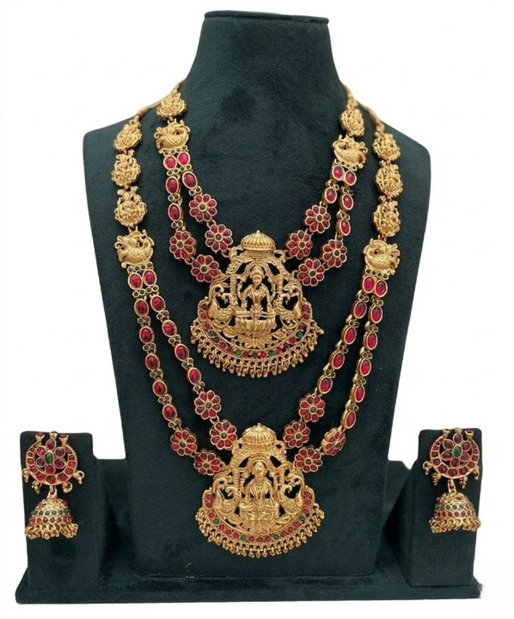 Jewel City Traditional Matte Gold Lakshmi Temple Necklace Set with Ruby & Emerald Stones - Distacart