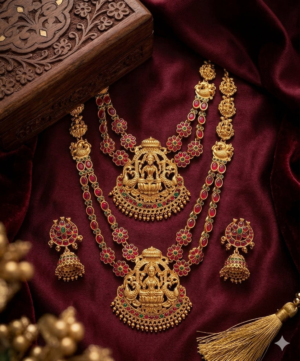 Jewel City Traditional Matte Gold Lakshmi Temple Necklace Set with Ruby & Emerald Stones - Distacart