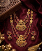 Jewel City Traditional Matte Gold Lakshmi Temple Necklace Set with Ruby & Emerald Stones - Distacart