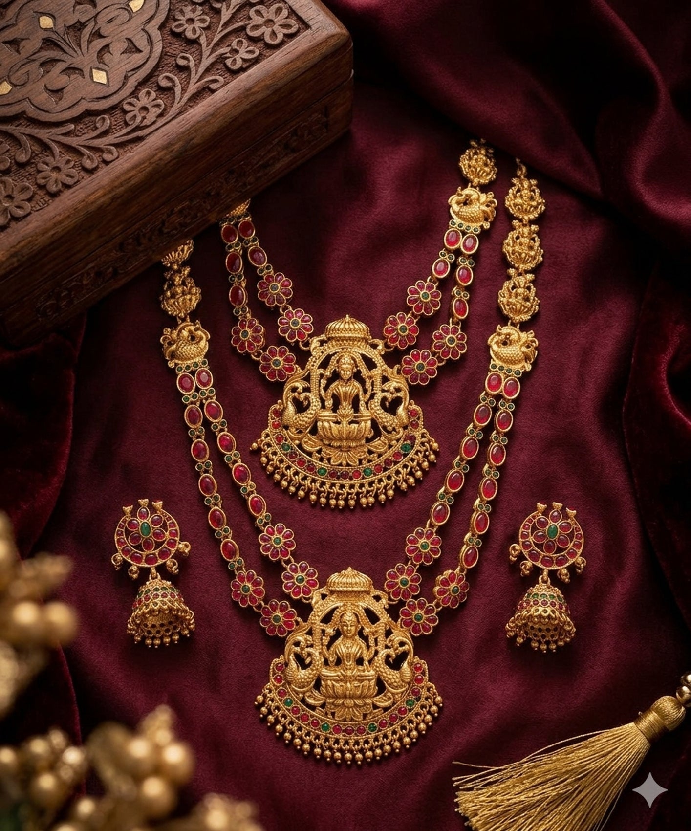 Jewel City Traditional Matte Gold Lakshmi Temple Necklace Set with Ruby & Emerald Stones - Distacart