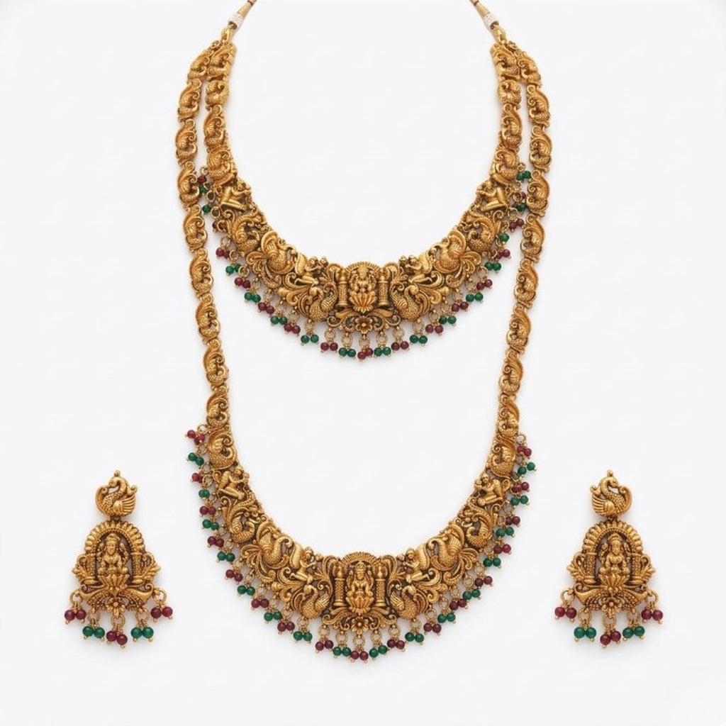 Jewel City Handcrafted Traditional Gold-Plated Temple Jewelry Set | Ethnic Bridal Lakshmi Necklace & Earrings for Women - Distacart