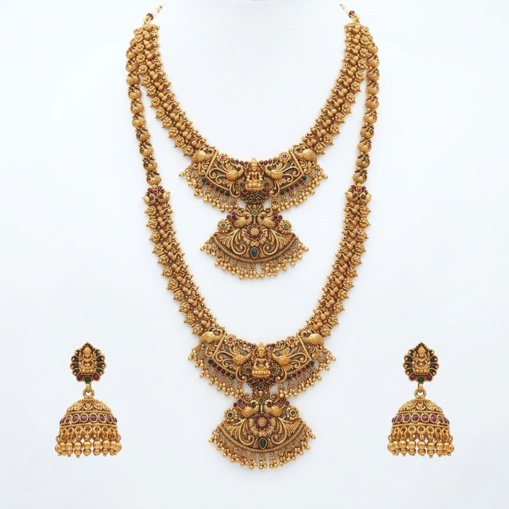 Jewel City Exquisite Handcrafted Antique Gold Temple Jewelry Set - Short Choker, Long Haram & Jhumka Earrings - Distacart