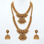 Jewel City Exquisite Handcrafted Antique Gold Temple Jewelry Set - Short Choker, Long Haram & Jhumka Earrings - Distacart