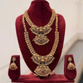 Jewel City Exquisite Handcrafted Antique Gold Temple Jewelry Set - Short Choker, Long Haram & Jhumka Earrings - Distacart