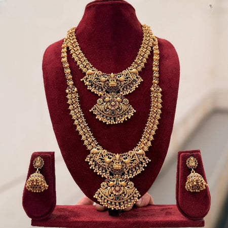 Jewel City Exquisite Handcrafted Antique Gold Temple Jewelry Set - Short Choker, Long Haram & Jhumka Earrings