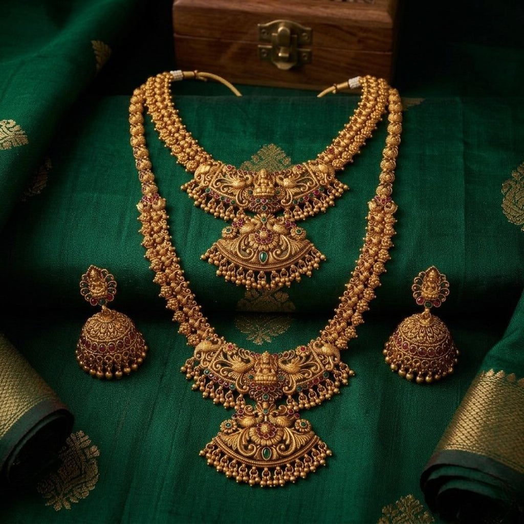 Jewel City Exquisite Handcrafted Antique Gold Temple Jewelry Set - Short Choker, Long Haram & Jhumka Earrings - Distacart