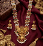 Jewel City Exquisite Temple Jewelry: Handcrafted Gold-Plated Long Pearl Necklace Set with Goddess Pendant & Jhumkas - Distacart