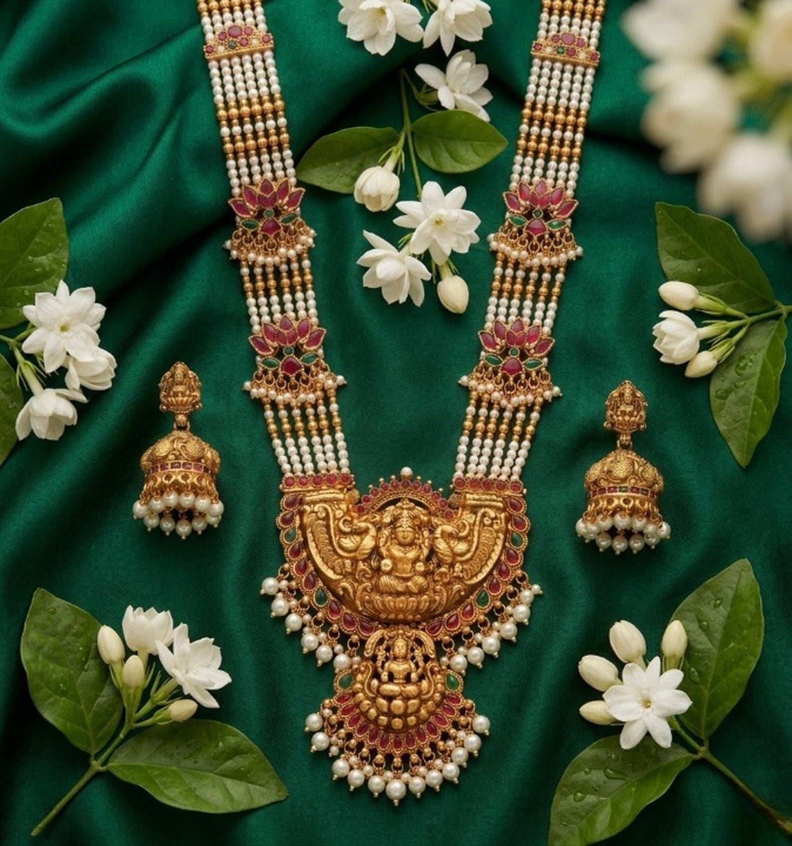 Jewel City Exquisite Temple Jewelry: Handcrafted Gold-Plated Long Pearl Necklace Set with Goddess Pendant & Jhumkas - Distacart