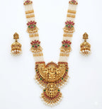 Jewel City Exquisite Temple Jewelry: Handcrafted Gold-Plated Long Pearl Necklace Set with Goddess Pendant & Jhumkas - Distacart